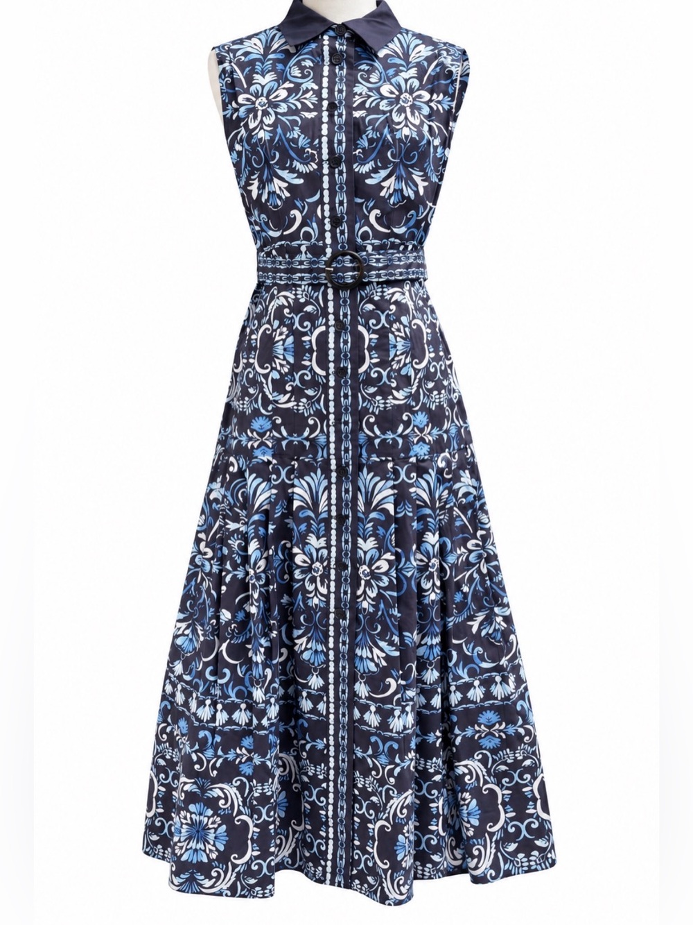 Elie Tahari Navy and Light Blue Ikat Midi Dress with Belt Size Small